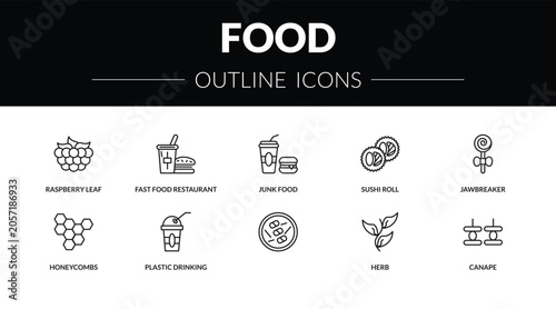Canvastavla outline food icons set - raspberry leaf, fast food restaurant, honeycombs, canape