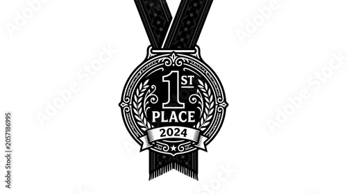 Fotografie Black 1st place 2024 winner medal with neck ribbon.
