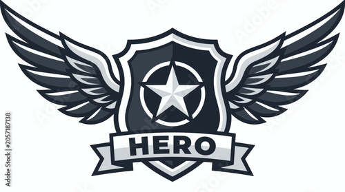 Slika na platnu Black and white hero shield badge with star wings.