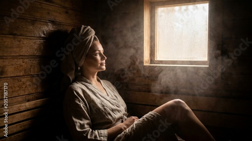 Woman relaxing in a steamy sauna, enjoying a moment of tranquility and self-care
