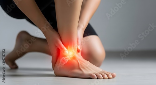 Acute ankle sprain and joint inflammation. Orthopedic trauma and muscle ache diagnosis. Person sitting on the floor and holding injured foot with red glowing pain