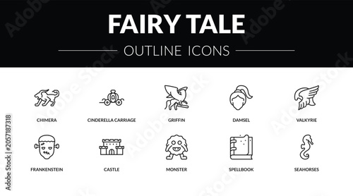 Bild auf Leinwand outline fairy tale icons set - chimera, cinderella carriage, frankenstein, seahorses