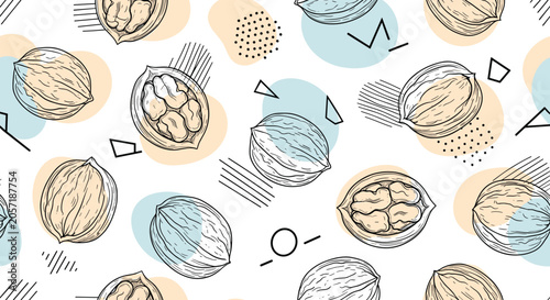 Artistic seamless pattern featuring hand-drawn walnuts with abstract colorful shapes and geometric lines for a modern and creative look.