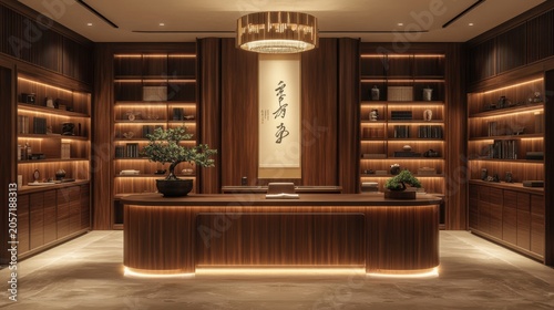 Modern Japanese-style office with bookshelves and a reception desk.