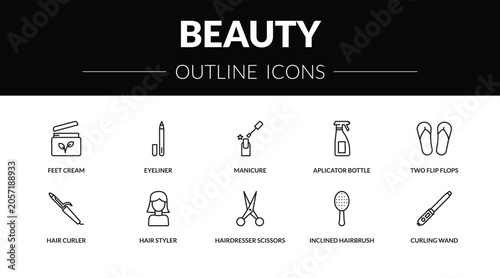 Fotografía outline beauty icons set - feet cream, eyeliner, hair curler, curling wand