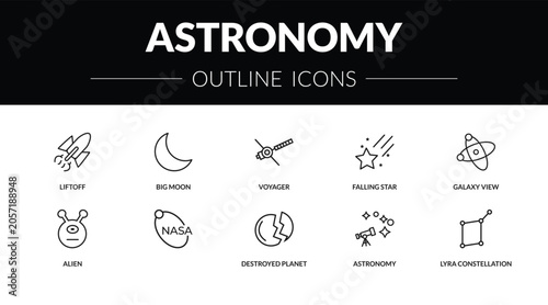 Fotografija outline astronomy icons set - liftoff, big moon, alien, lyra constellation