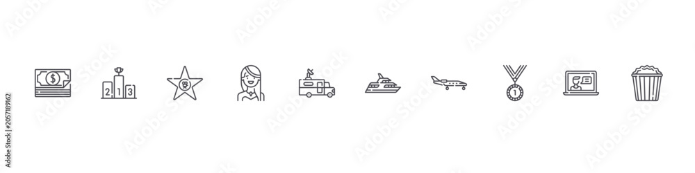Obraz premium set of 10 thin line fame icons such as money, podium, hall of fame, woman, broadcasting, yacht, aircraft, medal, video chat, popcorn. editable stroke vector illustration isolated on white