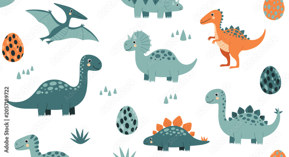 Fototapeta premium Adorable dinosaur seamless pattern showcases various prehistoric creatures and spotted eggs in soft teal and orange tones on white background.