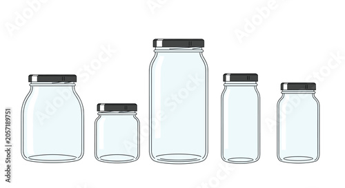 Collection of five empty glass storage jars in various sizes features sleek black lids and transparent bodies against a clean white backdrop.