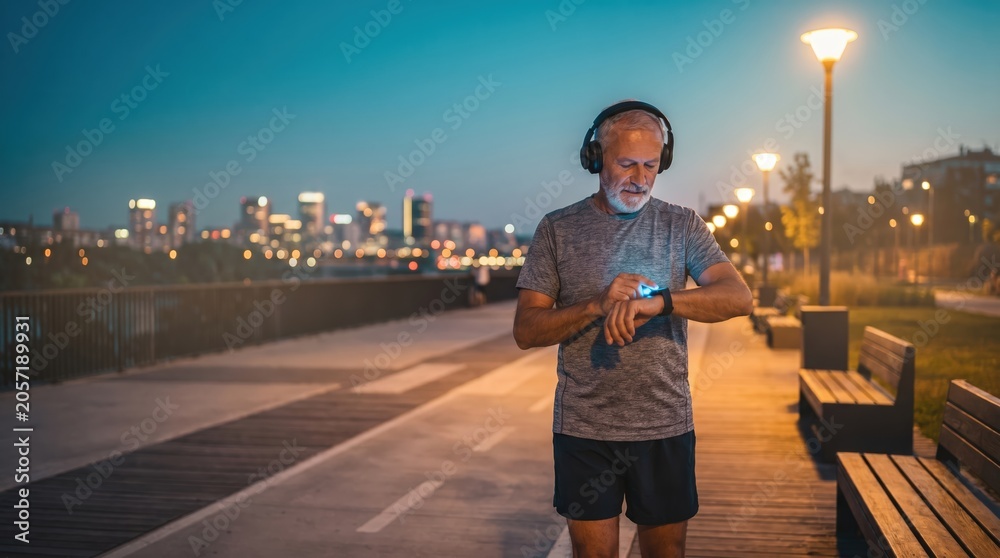 Fototapeta premium Senior man checking smartwatch and wearing headphones while jogging on city park boardwalk at twilight for active lifestyle and fitness marketing