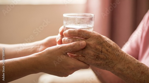 Caregiver hands glass of water to senior patient for hydration support and elderly nursing care assistance in medical setting