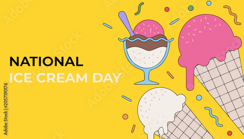 National Ice Cream Day, colorful ice cream icons, sweet treats, dessert graphics