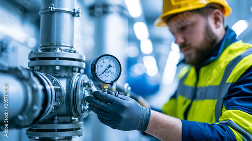 Industrial refrigeration technician checking an ammonia valve assembly in a cold storage facility, gauge and pipe detail visible, defocused cold storage interior in background,
