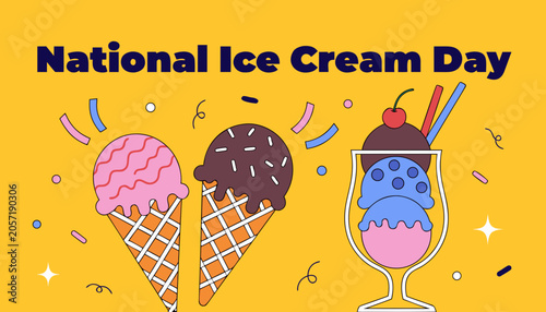 National Ice Cream Day, colorful ice cream icons, sweet treats, dessert symbols