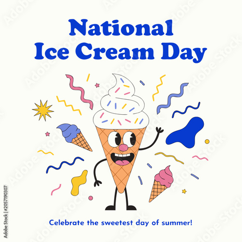 National Ice Cream Day, colorful cartoon ice cream cone, summer celebration, sweet treats, festive icons