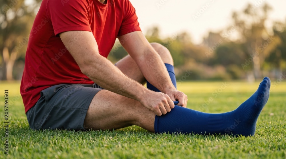Fototapeta premium Soccer player putting on blue socks before training on green grass field. Athlete preparing for game. Active lifestyle, healthy sport workout exercise. Professional football preparation.