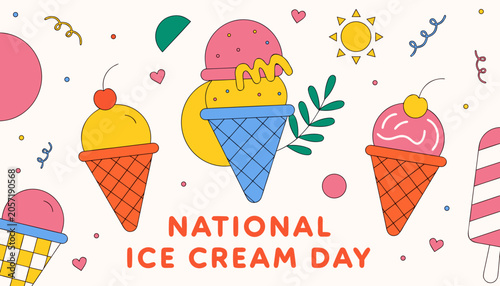 National Ice Cream Day, colorful ice cream cones and popsicles, sweet treats, dessert icons, vector illustration