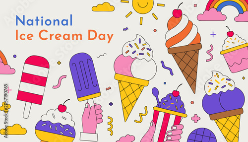 National Ice Cream Day, colorful ice cream icons, sweet treats, dessert illustrations