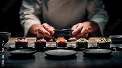 Upscale omakase restaurant scene with chef presenting plated maki sushi rolls with caviar garnish, dramatic spotlight