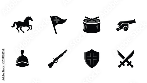 Canvas Print Military and battle themed icon set featuring soldiers weapons armor and war equipment