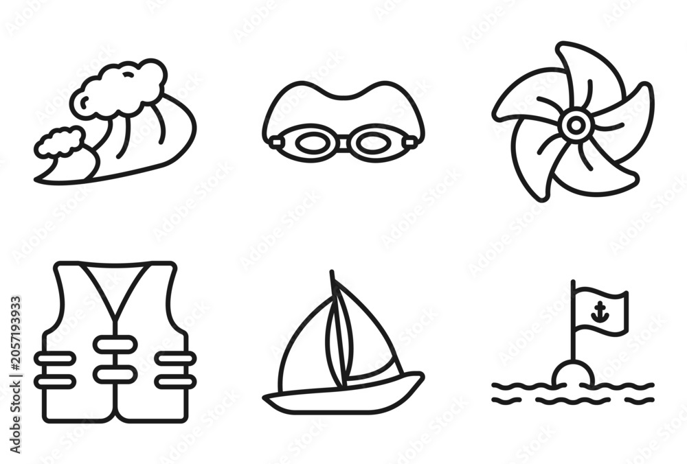 Fototapeta premium outline nautical icons set - ocean waves, swin goggle, boat screw, sea flag. editable vector for web and mobile ui