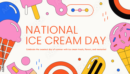 National Ice Cream Day, colorful icons, sweet treats, summer fun, dessert symbols