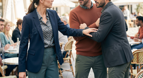 Businesswoman intervening in a heated conflict between colleagues at an outdoor cafe