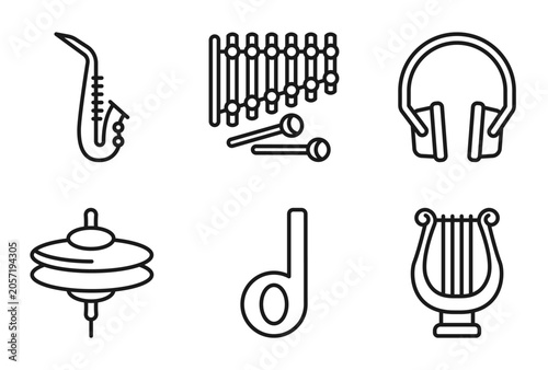 Obraz na płótnie outline music icons set - blues, xylophone, music player headphones, lyre