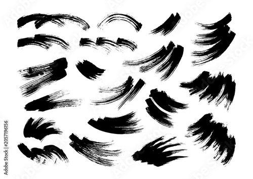 Black Ink Brush Strokes Vector Set, Grunge Paint Splatter and Texture Smear Collection Isolated on White Background