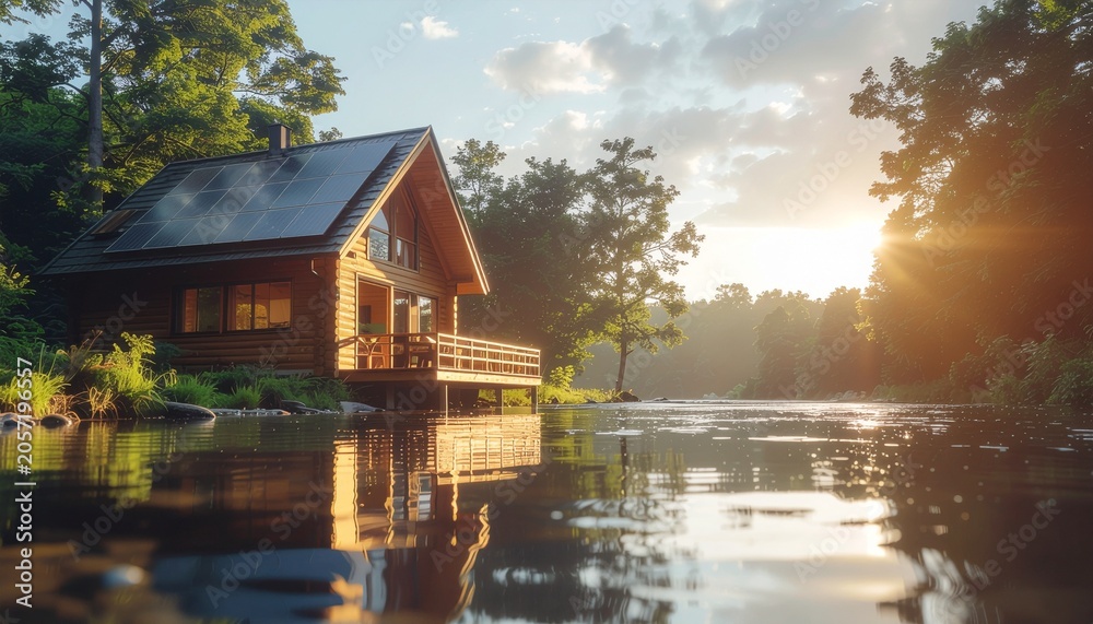 Fototapeta premium Sustainable Wooden Cabin with Solar Panels on River Bank at Sunset