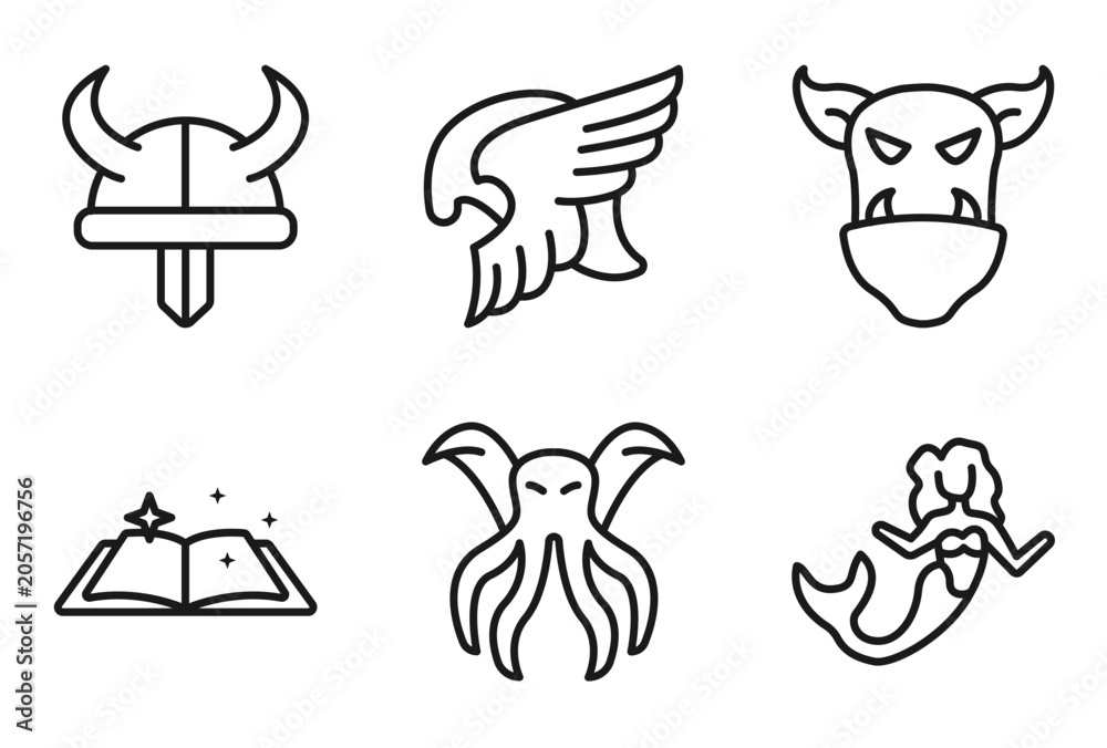Fototapeta premium outline fairy tale icons set - viking, valkyrie, ogre, mermaid. editable vector for web and mobile ui