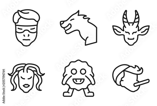 Photos outline fairy tale icons set - protagonist, werewolf, faun, pinocchio