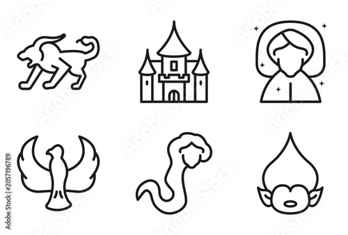 Cuadro en lienzo outline fairy tale icons set - chimera, palace, fairy godmother, troll