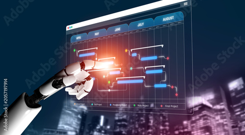 Foto Robotic Hand Interacting with Project Management Dashboard Displaying Gantt Char