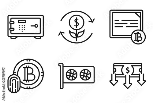 Photos outline cryptocurrency icons set - strongbox, invest, bonds, money flow