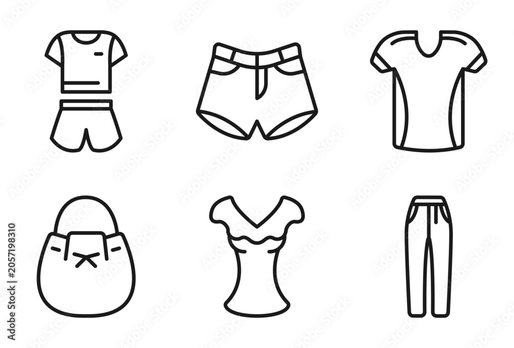 Naklejka premium outline clothes icons set - pijama, denim shorts, jersey, jean. editable vector for web and mobile ui