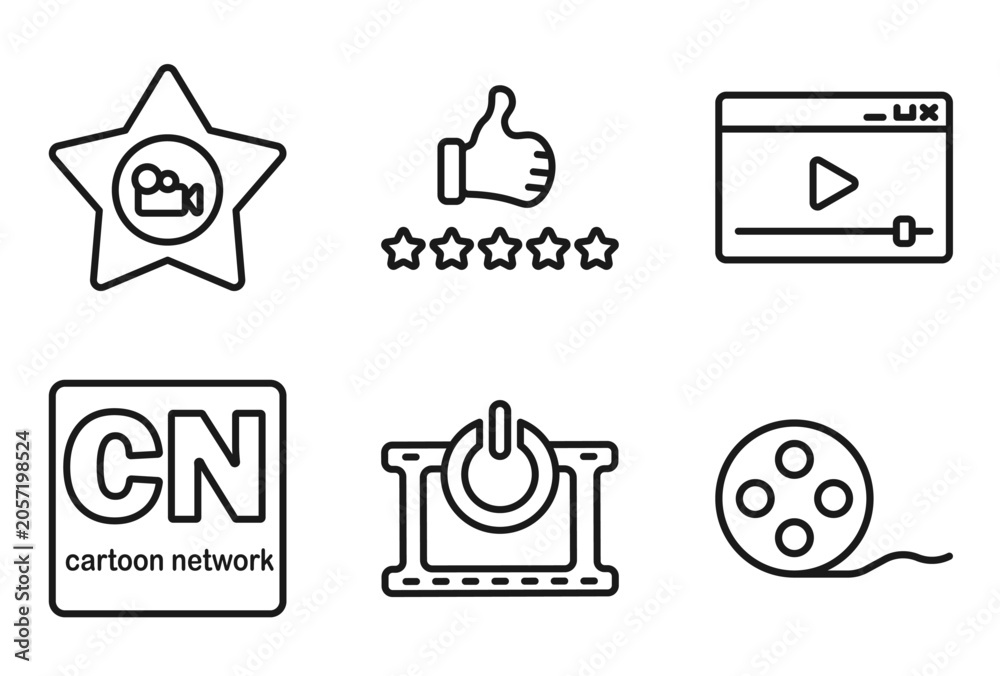 Obraz premium outline cinema icons set - film star, thumb up with star, online movie, film roll side view. editable vector for web and mobile ui