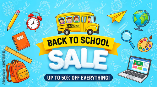 Back to school sale banner with school bus and supplies