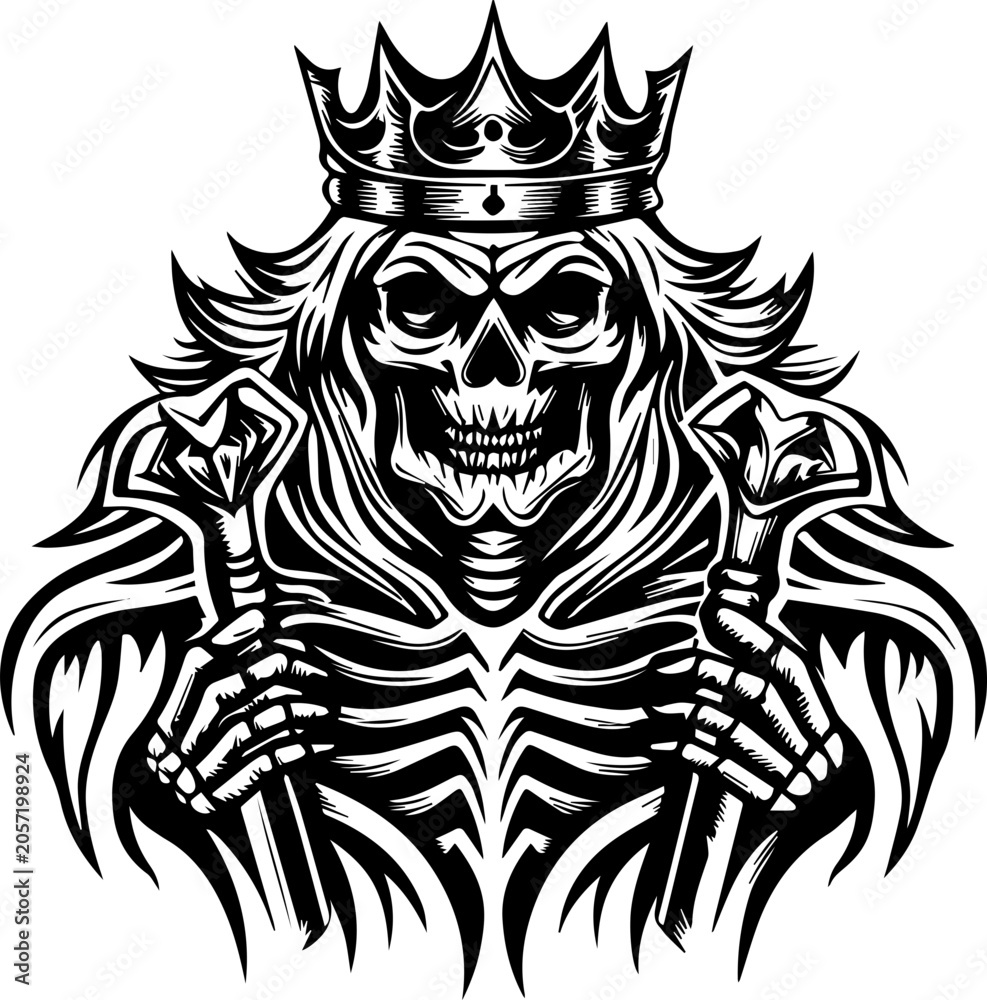 Fototapeta premium SVG vector illustration of a dark style skeleton tattoo wearing a crown.Skeleton with Crown in Regal Pose Emphasizing Dark Elegance