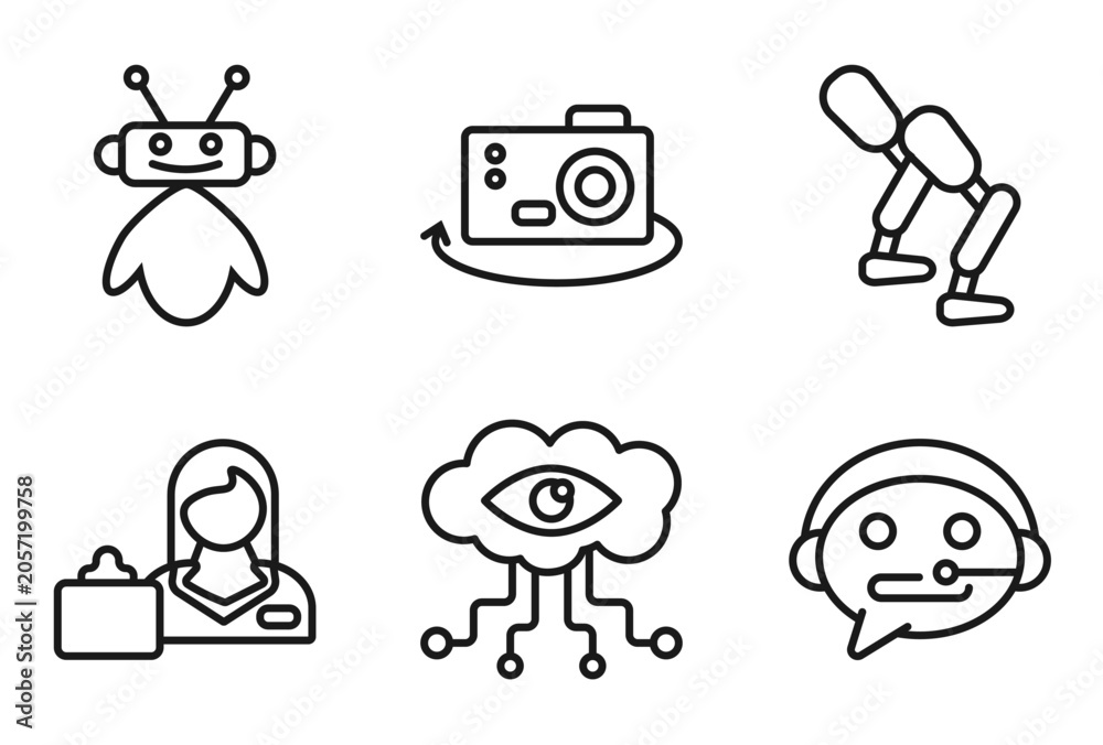 Obraz premium outline artificial intelligence icons set - robot assistant, ar camera, prosthesis, technical support. editable vector for web and mobile ui
