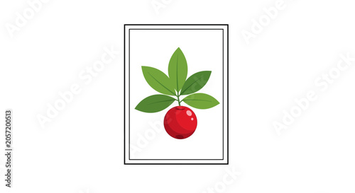 Single ripe red berry with green leaves on a white background, minimalist illustration
