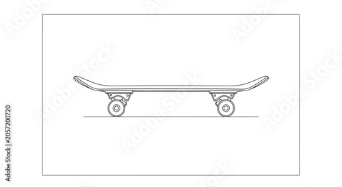 Skateboard outline drawing, side view, clean white background, vector illustration
