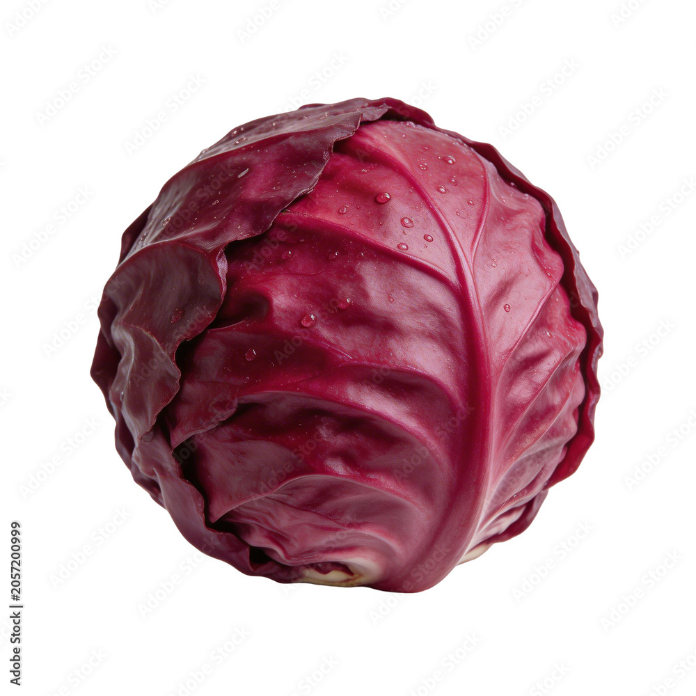 Obraz premium Fresh raw red cabbage head with water drops isolated on white background
