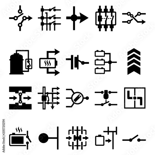 Industrial circuit breaker line indicators and automatic relay current routing distribution template collection. Minimalist black bold shapes for engineering layout icons.