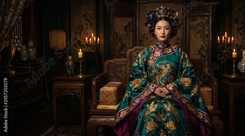 Regal woman in ornate historical royal attire seated in palace interior