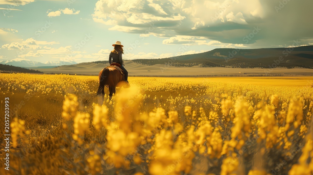 Fototapeta premium Girl laughing on horseback through a canola field in Montana