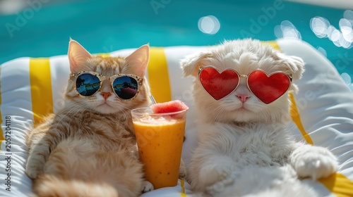 Couple Persian cat and white Maltese puppy wearing pink heart sunglasses sitting and eating watermelon on beach chair,beach umbrella by the sea in resting summer vacation,pet friendly concept.
