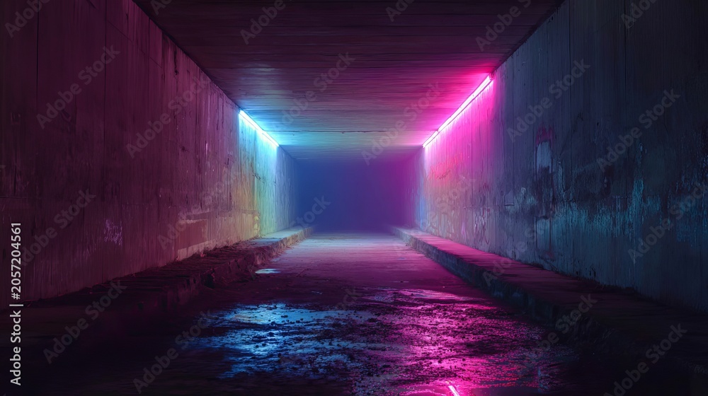 Obraz premium A long, concrete tunnel glows with vibrant neon lights, creating a futuristic and mysterious atmosphere for abstract backgrounds.