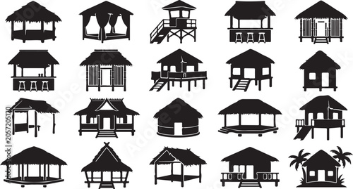 Tropical hut icons vector set