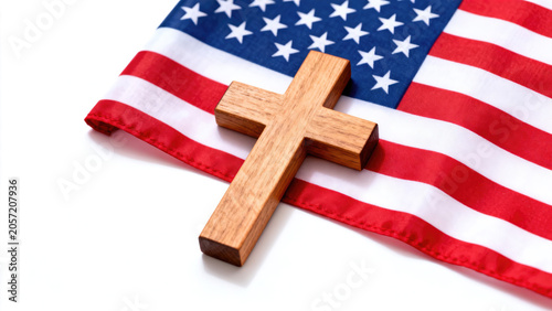 Top view of an American flag with a Christian cross on a white background, banner design, isolated on the left side, white space for text